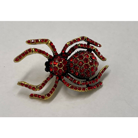 Spider Tarantula Insect Brooch Pendant Red Black Stones Gold Tone Halloween Goth - Picture 1 of 6